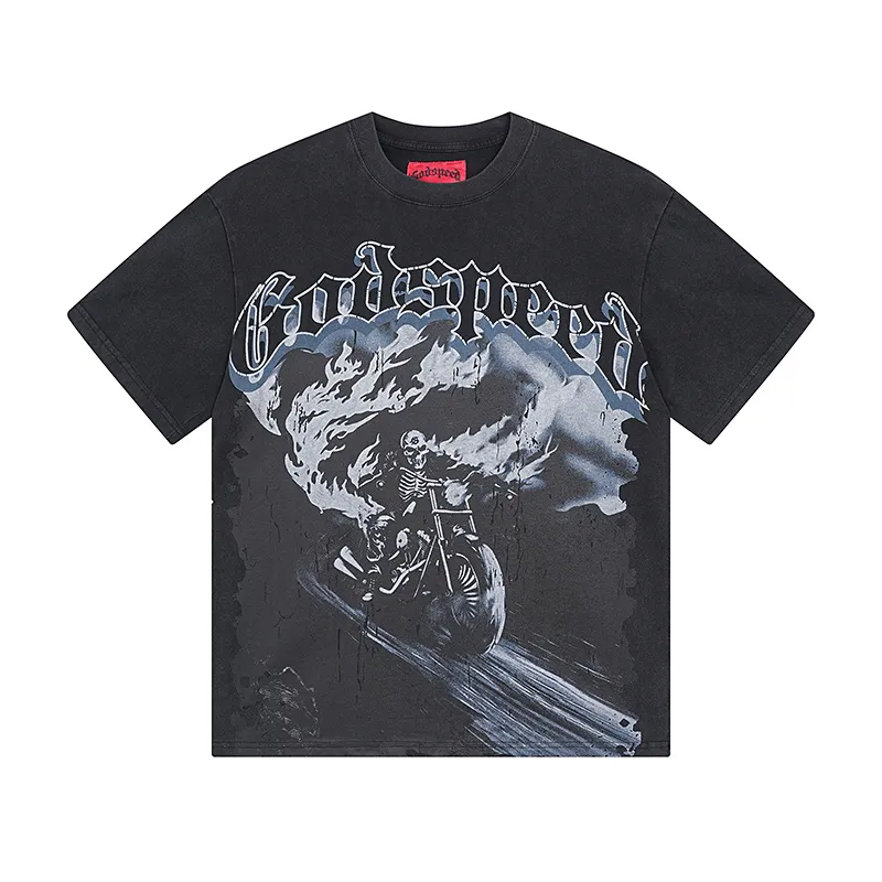 1065# P126 Washed Black Real Shot Godspeed American Fashion Rock Street Retro Washed Distressed Printed Cotton Short Sleeves Fabric: 250g 32 Count Fine Cotton Double Yarn Pure Cotton Color: Washed Black Size: S M L XL