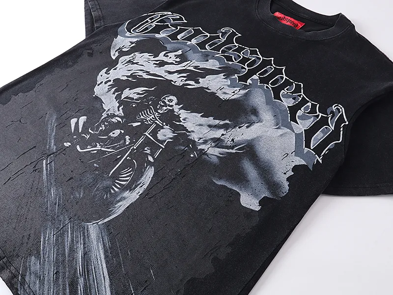 1065# P126 Washed Black Real Shot Godspeed American Fashion Rock Street Retro Washed Distressed Printed Cotton Short Sleeves Fabric: 250g 32 Count Fine Cotton Double Yarn Pure Cotton Color: Washed Black Size: S M L XL