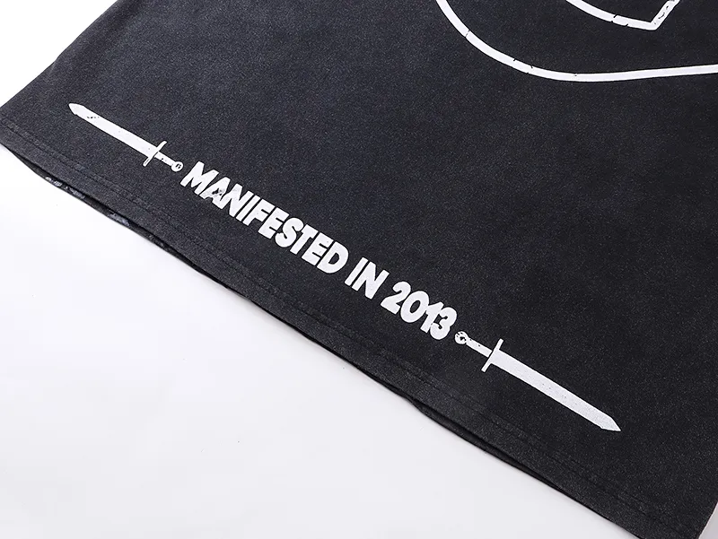 1065# P126 Washed Black Real Shot Godspeed American Fashion Rock Street Retro Washed Distressed Printed Cotton Short Sleeves Fabric: 250g 32 Count Fine Cotton Double Yarn Pure Cotton Color: Washed Black Size: S M L XL