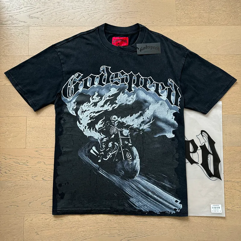 1065# P126 Washed Black Real Shot Godspeed American Fashion Rock Street Retro Washed Distressed Printed Cotton Short Sleeves Fabric: 250g 32 Count Fine Cotton Double Yarn Pure Cotton Color: Washed Black Size: S M L XL