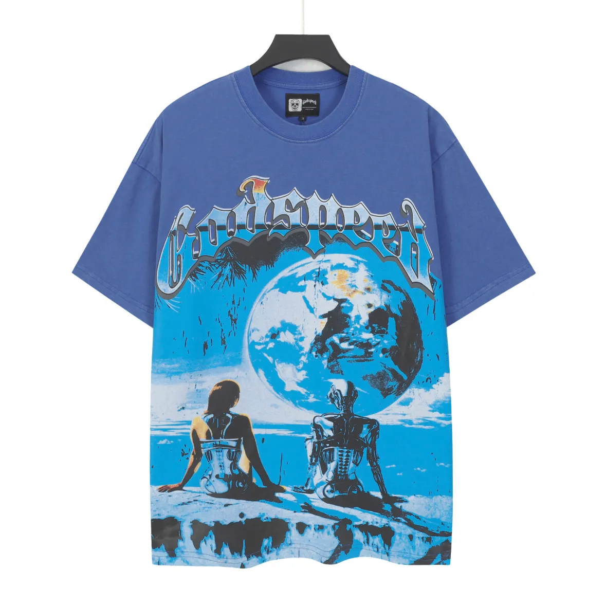 6015# Washed Klein Blue | P116 Godspeed cross-border American rock and roll street washed retro style short-sleeved T (craft print) Fabric (fabric): 32-count combed double yarn 250 grams weight Size (size): S-M-L-XL Color (colour): Washed Klein Blue
