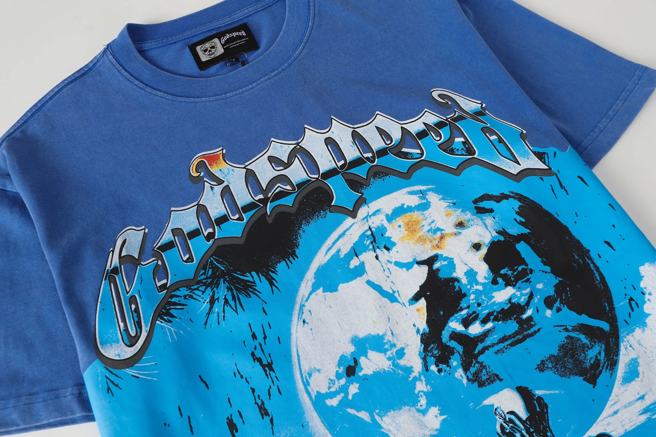6015# Washed Klein Blue | P116 Godspeed cross-border American rock and roll street washed retro style short-sleeved T (craft print) Fabric (fabric): 32-count combed double yarn 250 grams weight Size (size): S-M-L-XL Color (colour): Washed Klein Blue