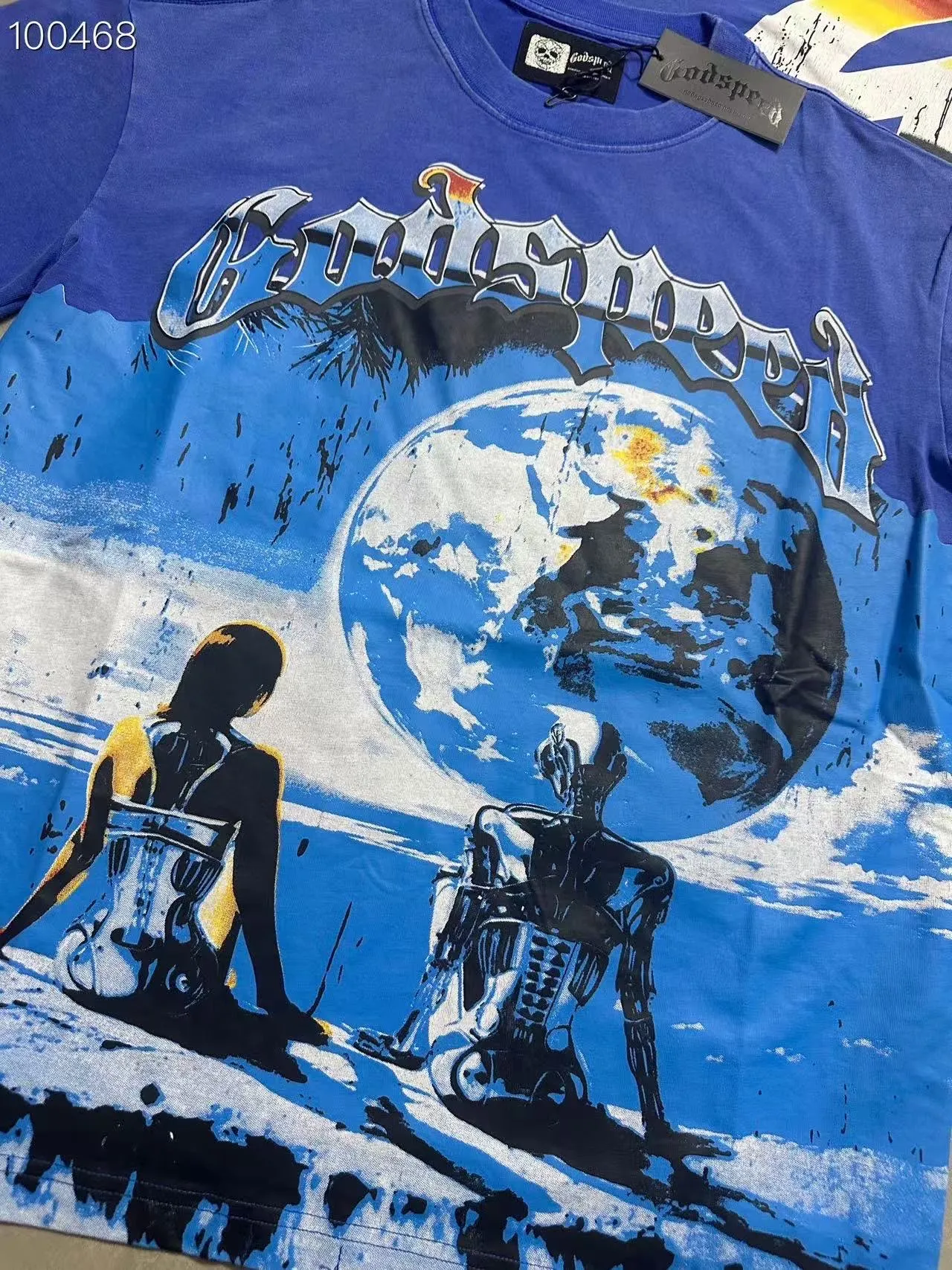 6015# Washed Klein Blue | P116 Godspeed cross-border American rock and roll street washed retro style short-sleeved T (craft print) Fabric (fabric): 32-count combed double yarn 250 grams weight Size (size): S-M-L-XL Color (colour): Washed Klein Blue