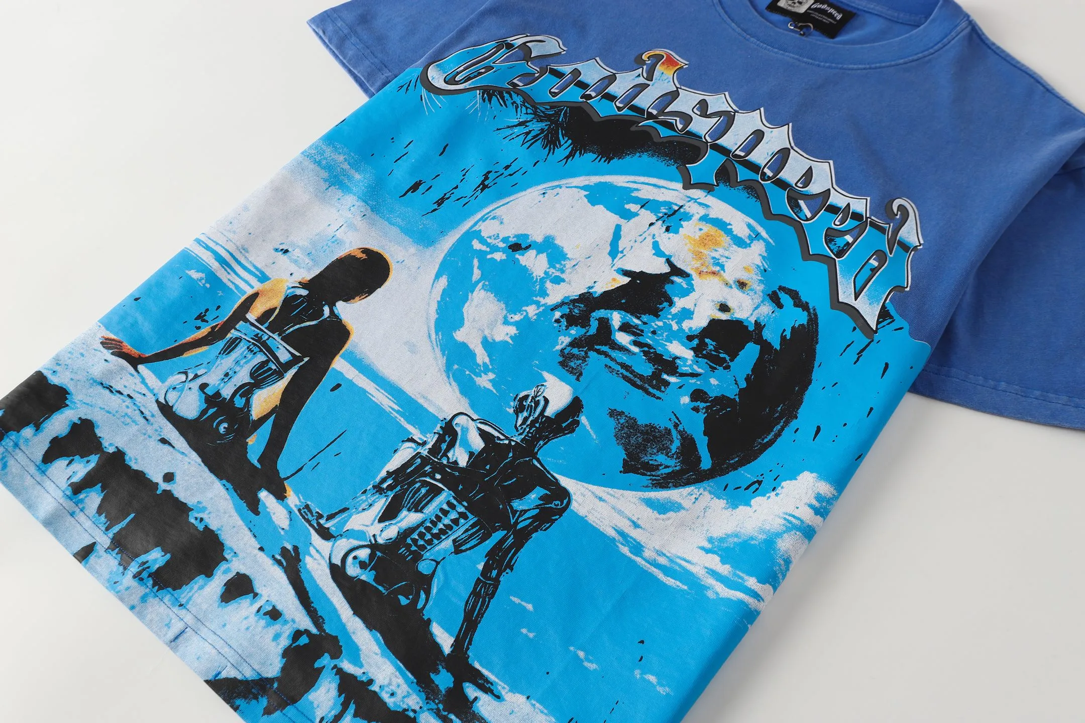 6015# Washed Klein Blue | P116 Godspeed cross-border American rock and roll street washed retro style short-sleeved T (craft print) Fabric (fabric): 32-count combed double yarn 250 grams weight Size (size): S-M-L-XL Color (colour): Washed Klein Blue