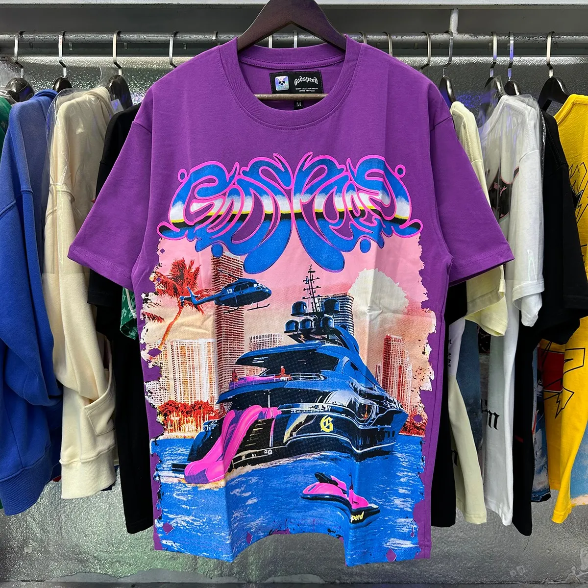 Actual photo, No. 7077, Mechao Godspeed luxury cruise ship helicopter print 230g double yarn pure cotton casual short-sleeved T-shirt batch 110 Color: black, apricot, purple; Size: S M L XL