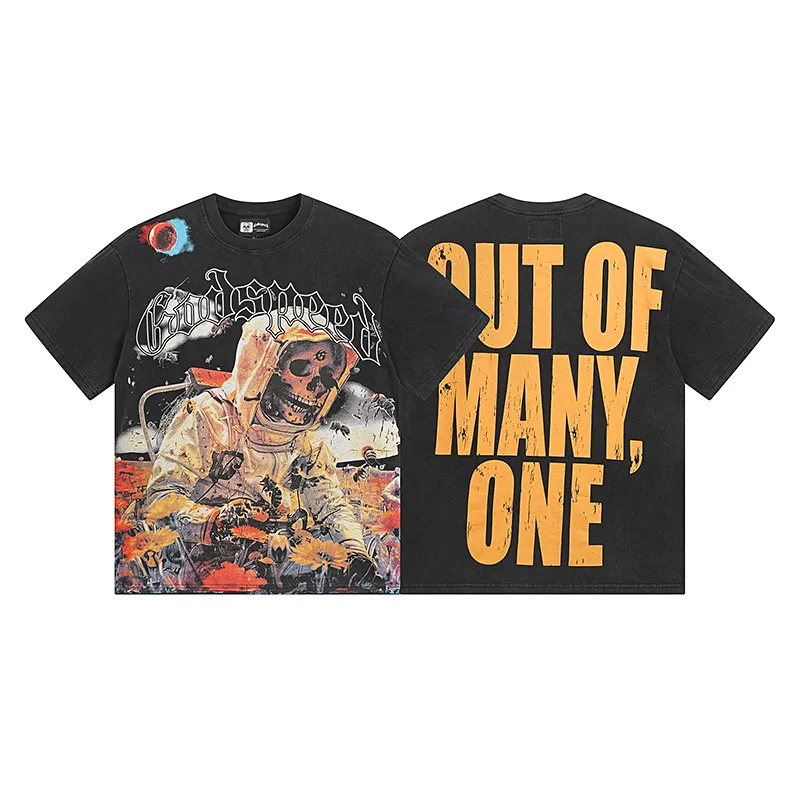 1063# P126 Washed black 1 Real shot of Godspeed American fashion rock street retro washed distressed printed cotton short sleeves Fabric: 250g 32 count fine cotton double yarn pure cotton Color: Washed black Size: S M L XL