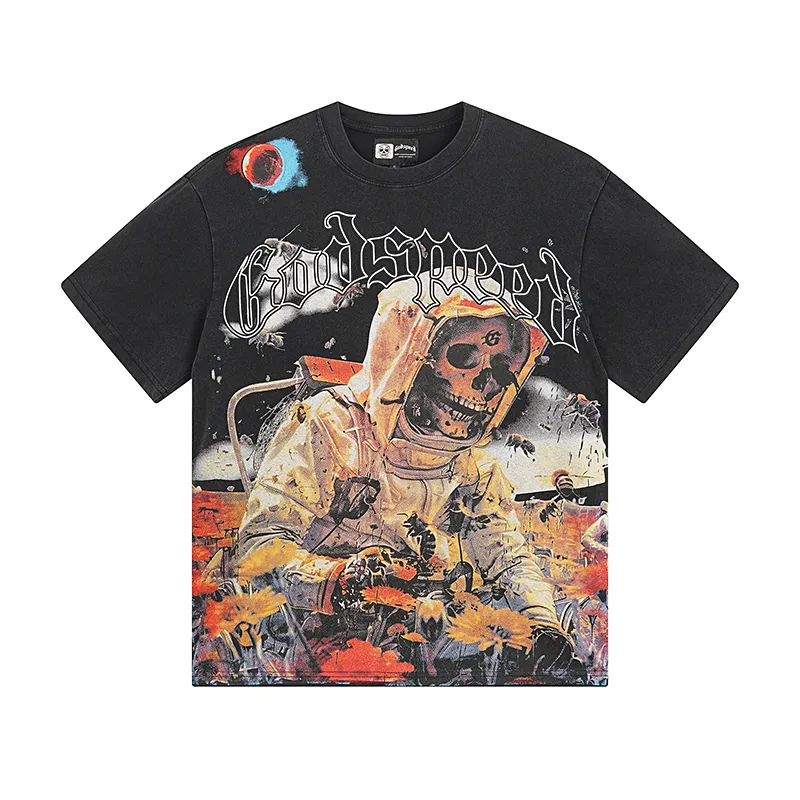 1063# P126 Washed black 1 Real shot of Godspeed American fashion rock street retro washed distressed printed cotton short sleeves Fabric: 250g 32 count fine cotton double yarn pure cotton Color: Washed black Size: S M L XL