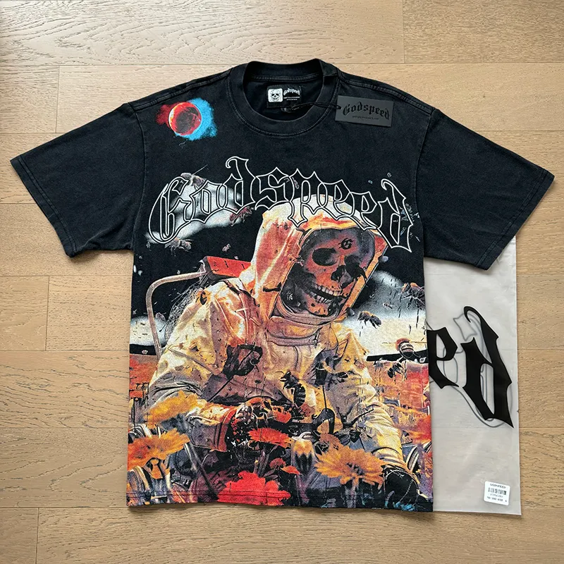 1063# P126 Washed black 1 Real shot of Godspeed American fashion rock street retro washed distressed printed cotton short sleeves Fabric: 250g 32 count fine cotton double yarn pure cotton Color: Washed black Size: S M L XL