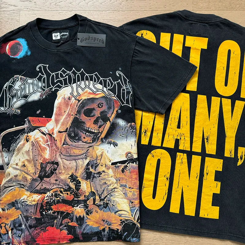 1063# P126 Washed black 1 Real shot of Godspeed American fashion rock street retro washed distressed printed cotton short sleeves Fabric: 250g 32 count fine cotton double yarn pure cotton Color: Washed black Size: S M L XL