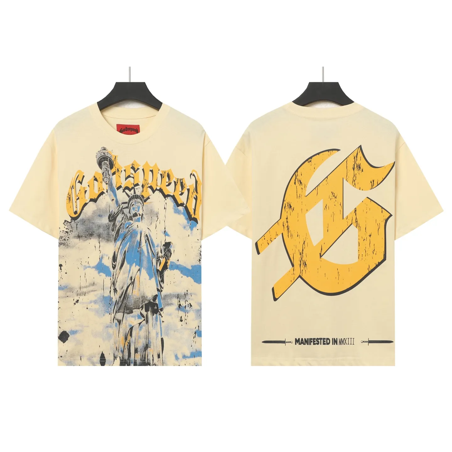 5010#apricot/white｜P104 Godspeed cross-border American rock and roll street washed retro style short-sleeved T (craft printing) fabric (fabric): 32-count combed double yarn 240 grams weight code number (size): S-M-L-XL color (colour): white, apricot,