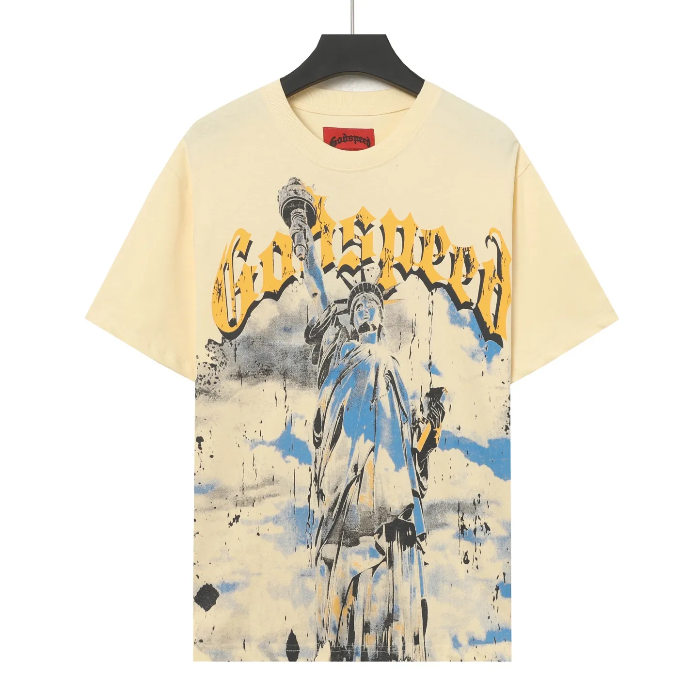 5010#apricot/white｜P104 Godspeed cross-border American rock and roll street washed retro style short-sleeved T (craft printing) fabric (fabric): 32-count combed double yarn 240 grams weight code number (size): S-M-L-XL color (colour): white, apricot,
