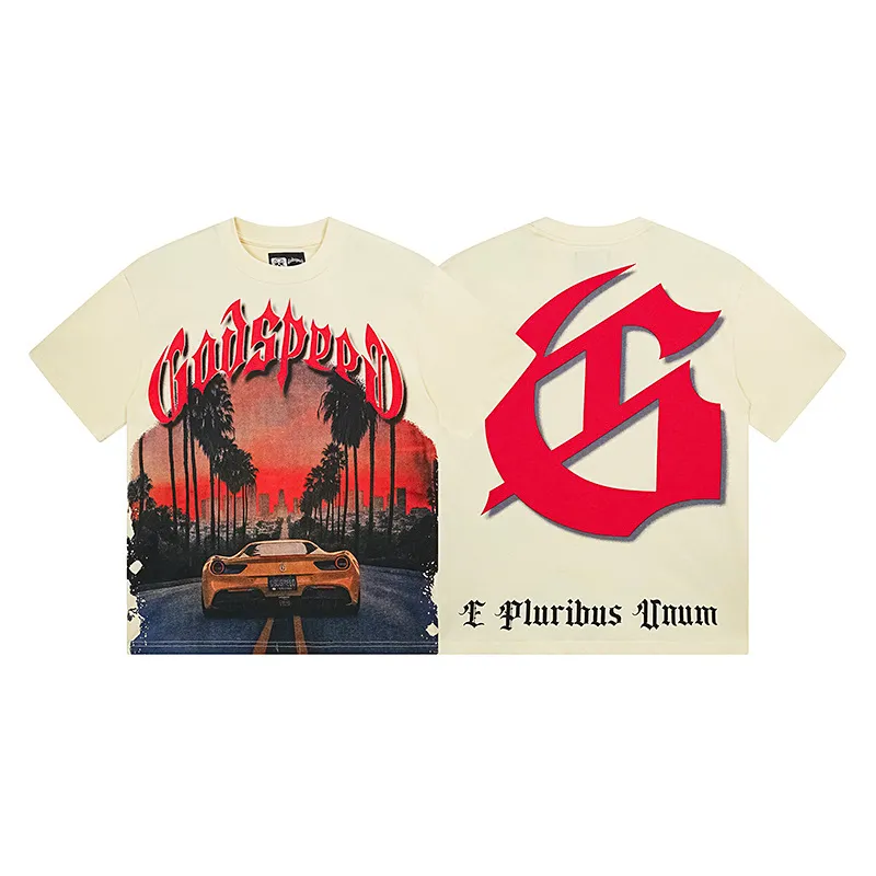 3129# P106 Real shot Godspeed American fashion rock street retro loose printed cotton short sleeves Fabric: 240g 32 count fine cotton double yarn pure cotton Color: apricot Size: S M L XL