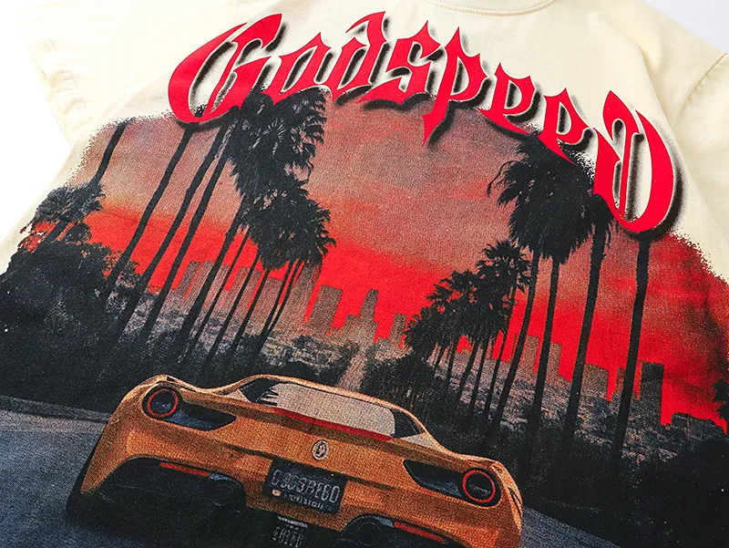 3129# P106 Real shot Godspeed American fashion rock street retro loose printed cotton short sleeves Fabric: 240g 32 count fine cotton double yarn pure cotton Color: apricot Size: S M L XL