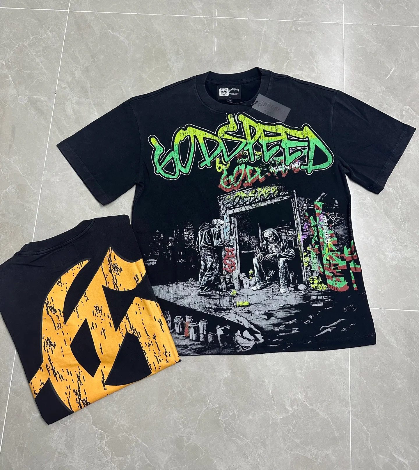 6318#washed black I P116 #Godspeed cross-border American rock and roll street washed retro style short-sleeved T (craft printing) fabric (fabric): 32 count combed double yarn 250g weight code number (size): S-M-L-XL color (colour): washed black