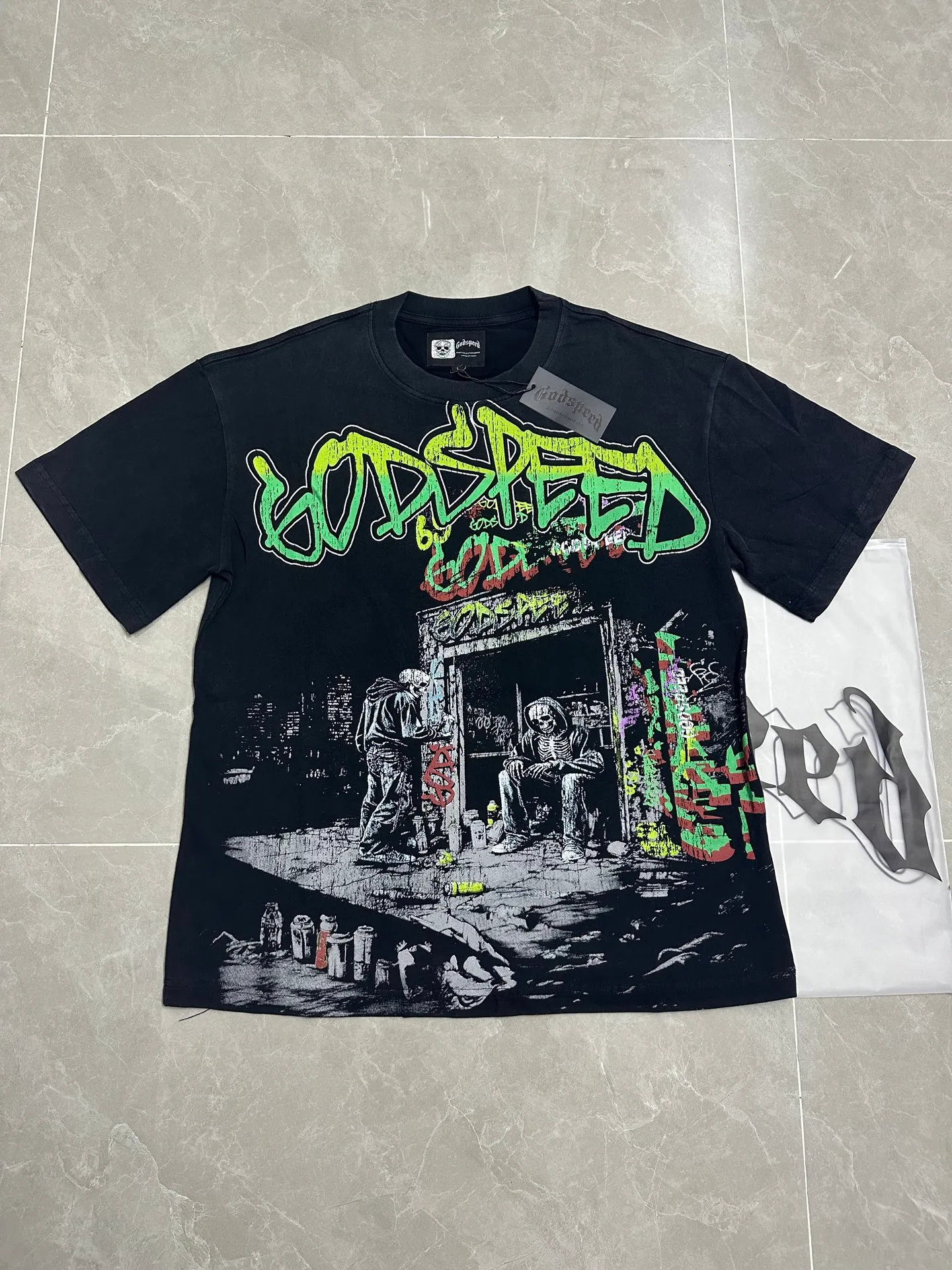 6318#washed black I P116 #Godspeed cross-border American rock and roll street washed retro style short-sleeved T (craft printing) fabric (fabric): 32 count combed double yarn 250g weight code number (size): S-M-L-XL color (colour): washed black