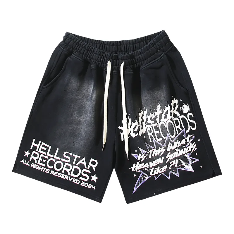 P160 790# washed black Real shot Hellstar Hellstar washed and splashed ink distressed casual shorts Fabric 380g pure cotton terry cloth Color: washed black Size: S M L XL