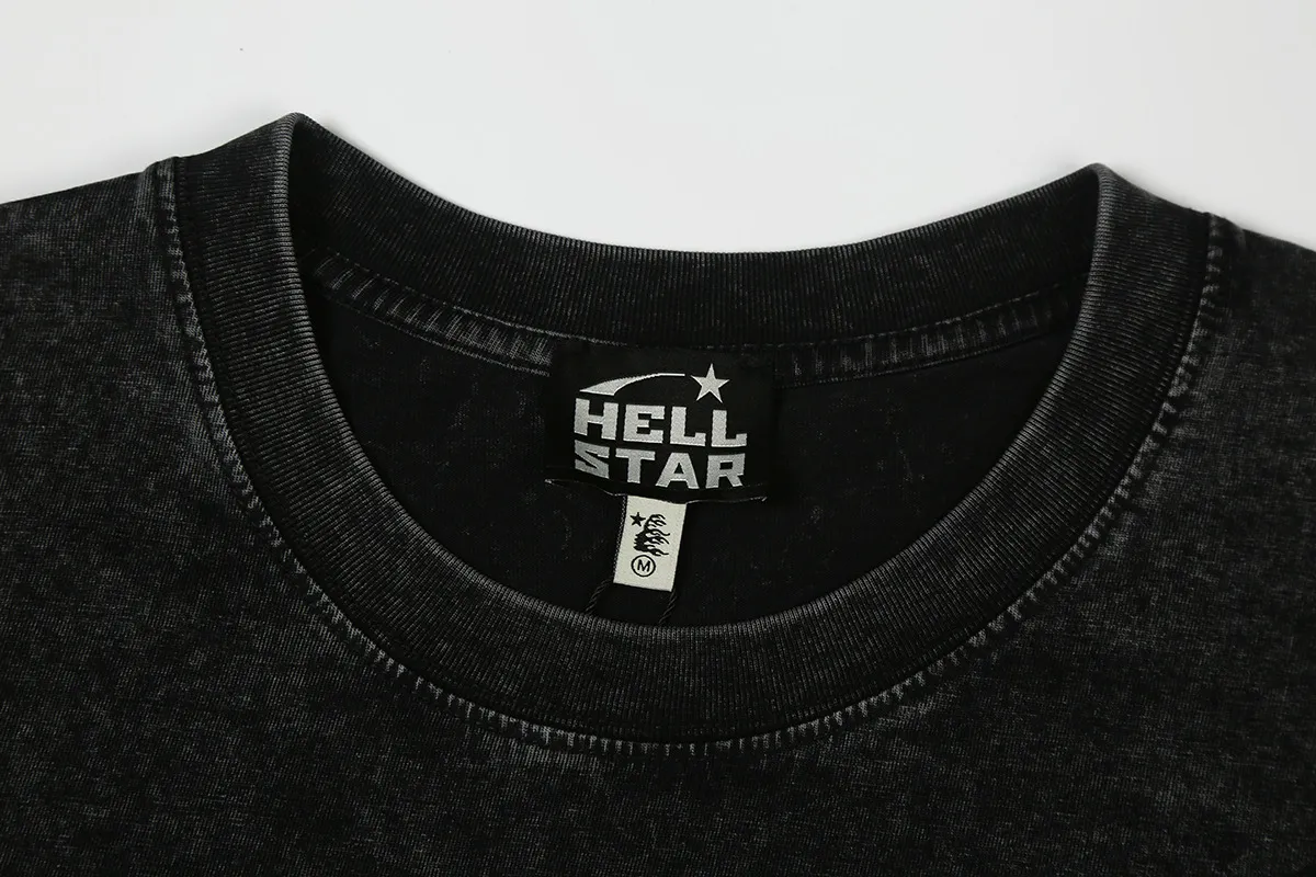 7726# P124 Washed Hellstar Hellstar ins same style retro printed tops for men and women, casual and trendy pure cotton washed short-sleeved T-shirt Color: Black Size: S M L XL