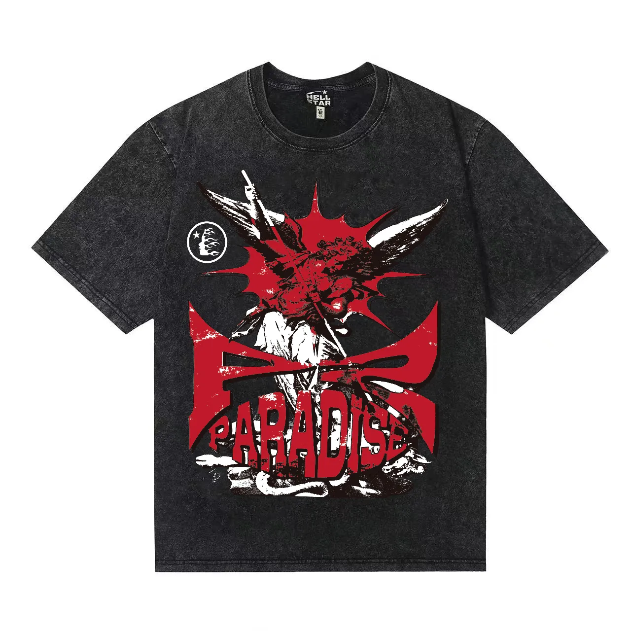 7742# P124 Washed Hellstar Hellstar ins same style retro printed tops for men and women, casual and trendy pure cotton washed short-sleeved T-shirt Color: Black Size: S M L XL