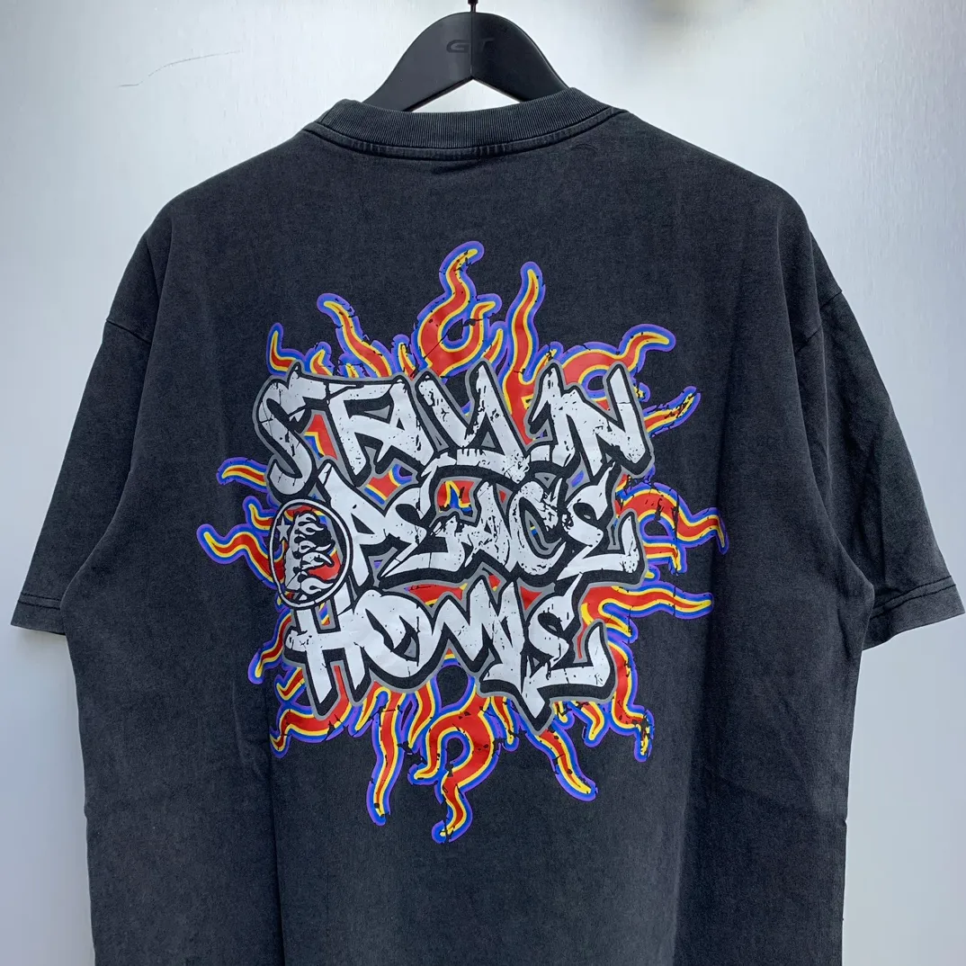P134 Custom Cut and sew garment in Los Angeles. Dyed and potassium sprayed with jumbo screen print. Fits slightly oversized. Gentle wash tumble dry. Dry clean preferred Newly popular Hellstar short-sleeved T-shirt!   Standard beauty and trendy workmanship, original customization (fabric, pattern, printing, hang tag, main mark, etc.), exaggerated style, explosive style, dare to break through tradition, bring adventurous new fashion experience!  YoungBoy, the most popular rapper in the youth circle, has shot a lot of models for him, and celebrities such as Dababy and Swae Lee frequently get dressed!  color: Vintage Black (washed black)