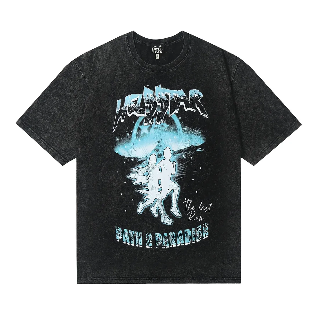 7707# P124 Washed Hellstar Hellstar ins same style retro printed tops for men and women, casual and trendy pure cotton washed short-sleeved T-shirt Color: Black Size: S M L XL