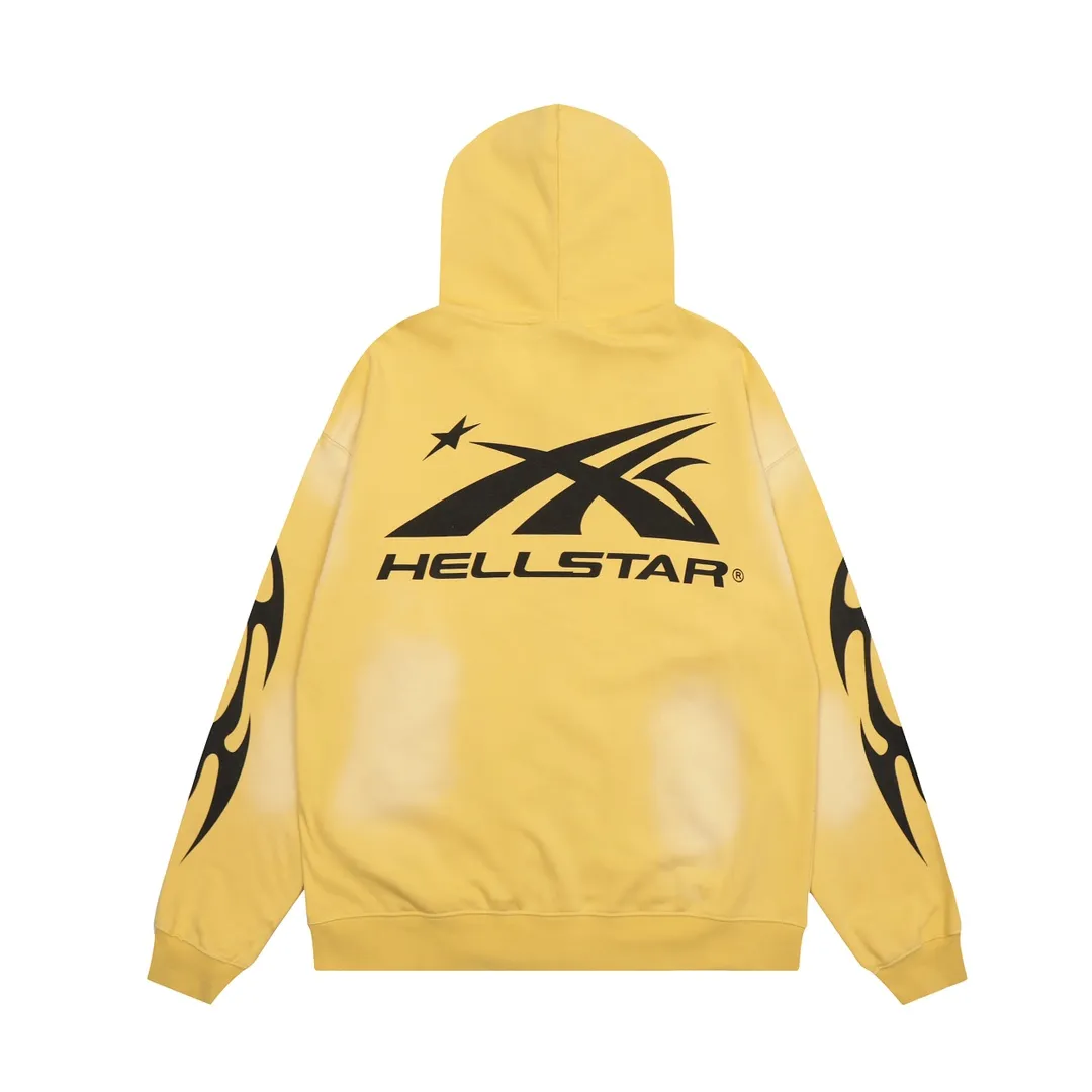 P240 Hellstar Sports Zip Up Hooded Sweatshirt Yellow washed distressed terry sweatshirt cardigan jacket color (color): yellow Size (size): S, M, L, XL