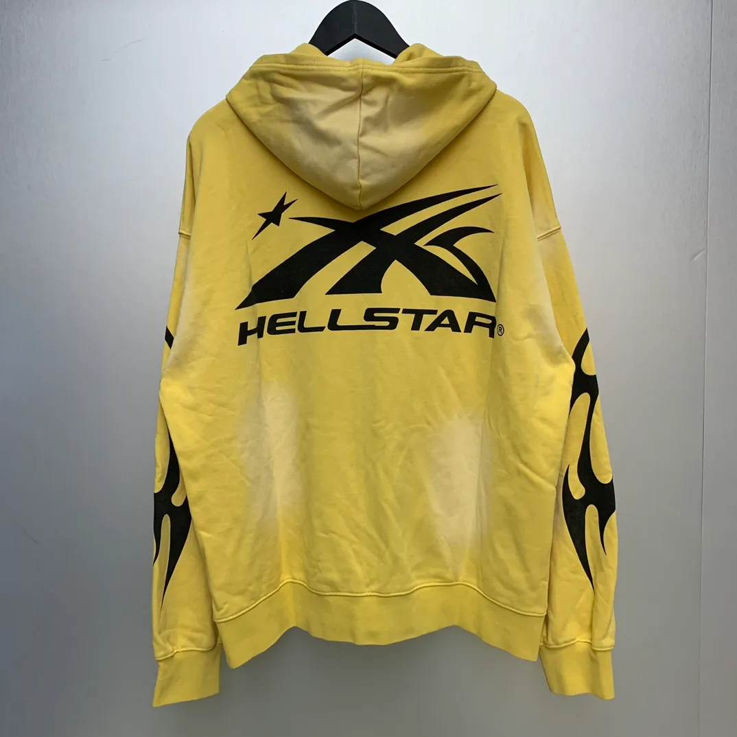 P240 Hellstar Sports Zip Up Hooded Sweatshirt Yellow washed distressed terry sweatshirt cardigan jacket color (color): yellow Size (size): S, M, L, XL