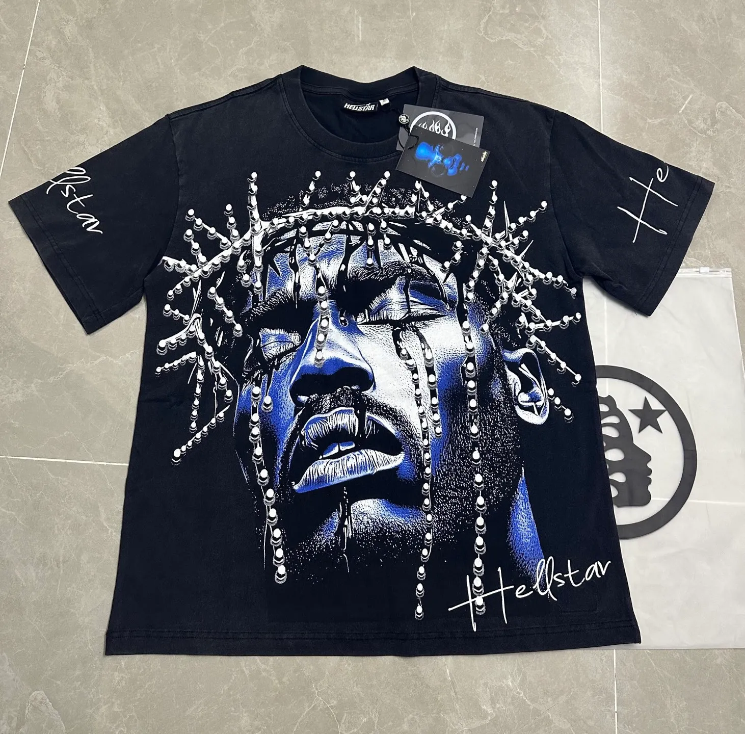 P124 950# washed black I Hellstar Cross-border European and American style street fashion brand pure cotton T-shirt Fabric (fabric): 32 counts 250g washed combed double yarn pure cotton Size (size): S-M- L- X L Color (colour): washed black