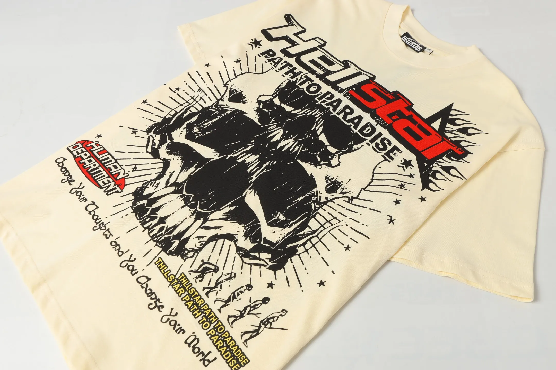P108 Real-stock Hellstar Cross-border European and American style, street fashion brand pure cotton T-shirt Fabric (fabric): 32 counts of 240g heavy combed double yarn pure cotton Size (size): S-M- L- X L Color (colour): white, apricot