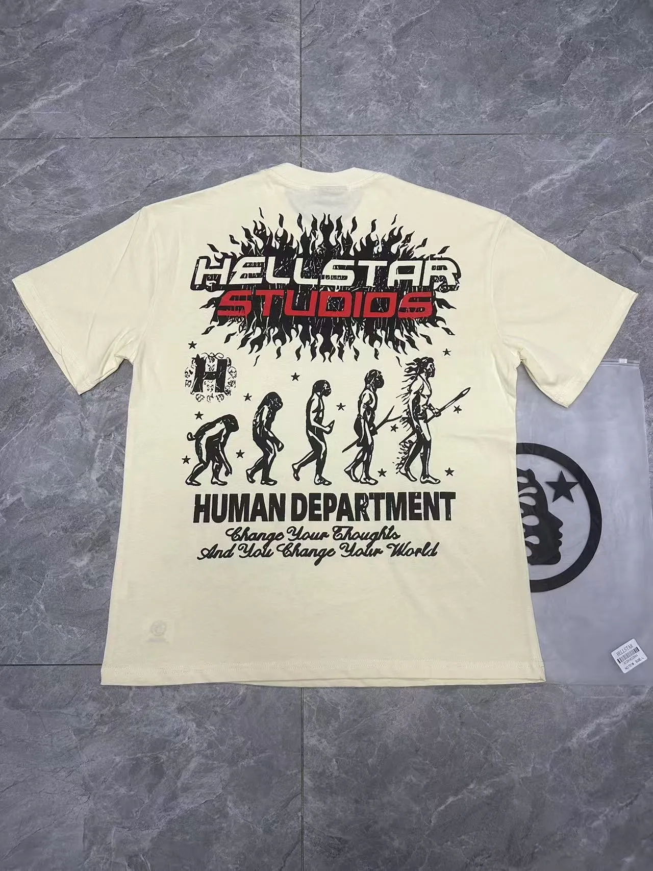 P108 Real-stock Hellstar Cross-border European and American style, street fashion brand pure cotton T-shirt Fabric (fabric): 32 counts of 240g heavy combed double yarn pure cotton Size (size): S-M- L- X L Color (colour): white, apricot