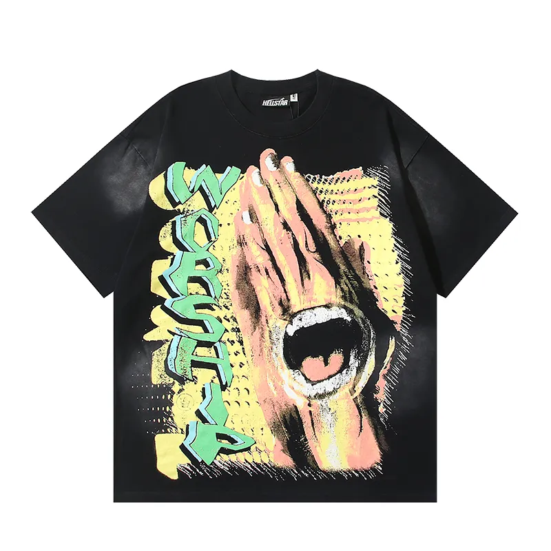 P130 6736#washed black Real shot Hellstar washed retro beauty trend printed short-sleeved T-shirt Fabric: 250g 32 count fine cotton double yarn pure cotton Color: washed black Size: S M L XL