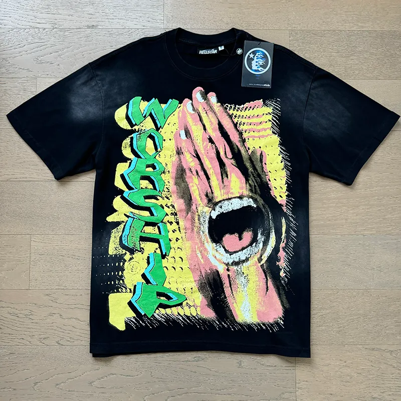 P130 6736#washed black Real shot Hellstar washed retro beauty trend printed short-sleeved T-shirt Fabric: 250g 32 count fine cotton double yarn pure cotton Color: washed black Size: S M L XL