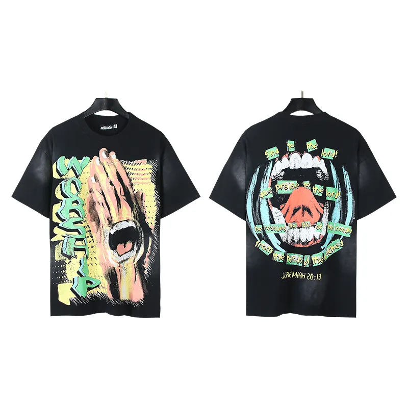 P130 6736#washed black Real shot Hellstar washed retro beauty trend printed short-sleeved T-shirt Fabric: 250g 32 count fine cotton double yarn pure cotton Color: washed black Size: S M L XL