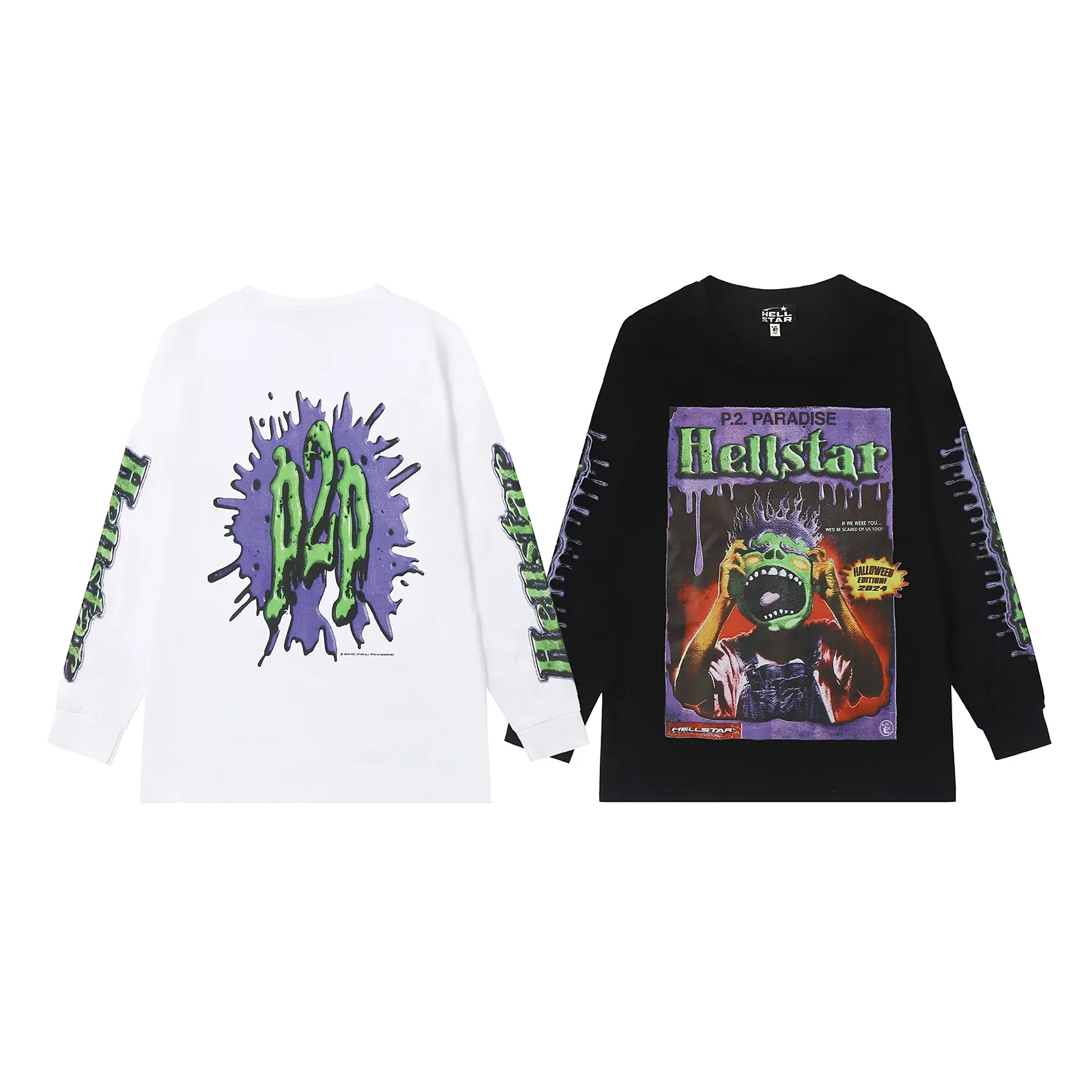 5517# P136 Hellstar Hellstar letter print lightning high street men and women hip-hop loose long-sleeved T-shirt Color: Black White Size: S M L XL