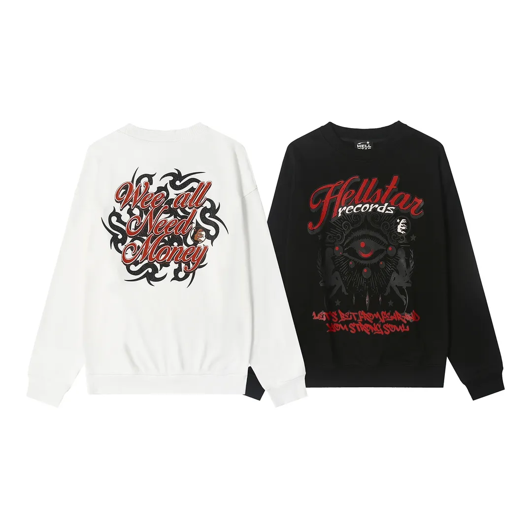 8801# P160 Hellstar high quality Hellstar American trendy printed cotton terry crew neck sweatshirt Color: White Black Size: S M L XL