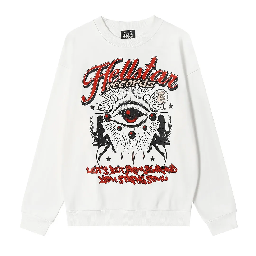 8801# P160 Hellstar high quality Hellstar American trendy printed cotton terry crew neck sweatshirt Color: White Black Size: S M L XL