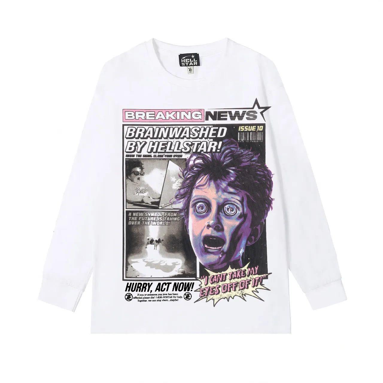 5523# P136 Hellstar Hellstar letter print lightning high street men and women hip-hop loose long-sleeved T-shirt Color: Black White Size: S M L XL