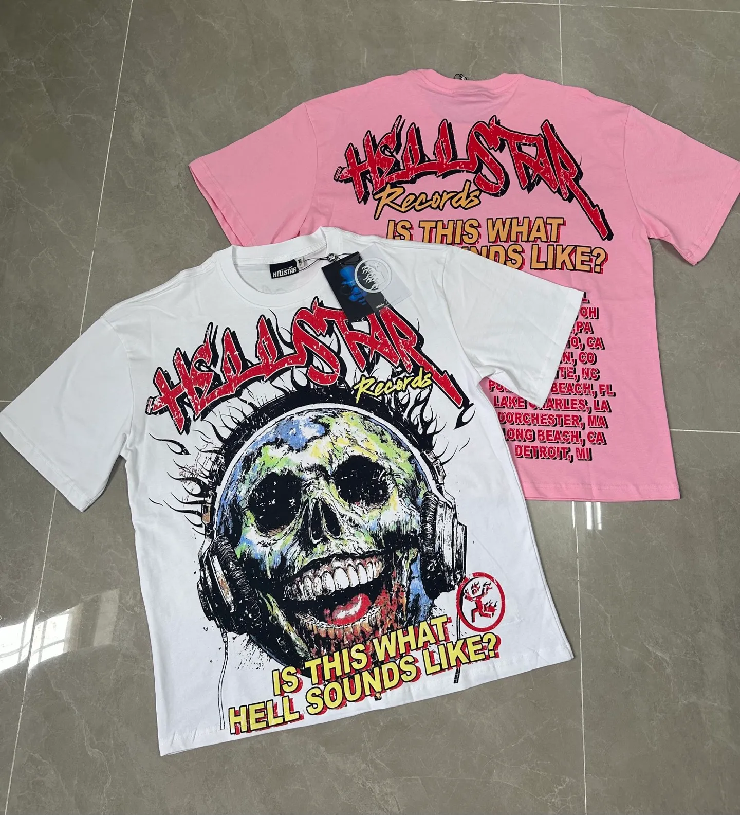 P116 778# white/pink ｜ Real stock Hellstar Cross-border European and American style, street brand pure cotton T-shirt Fabric (fabric): 32 counts of 240g heavy combed double yarn pure cotton Size (size): S-M- L- X L Color (colour): white, pink