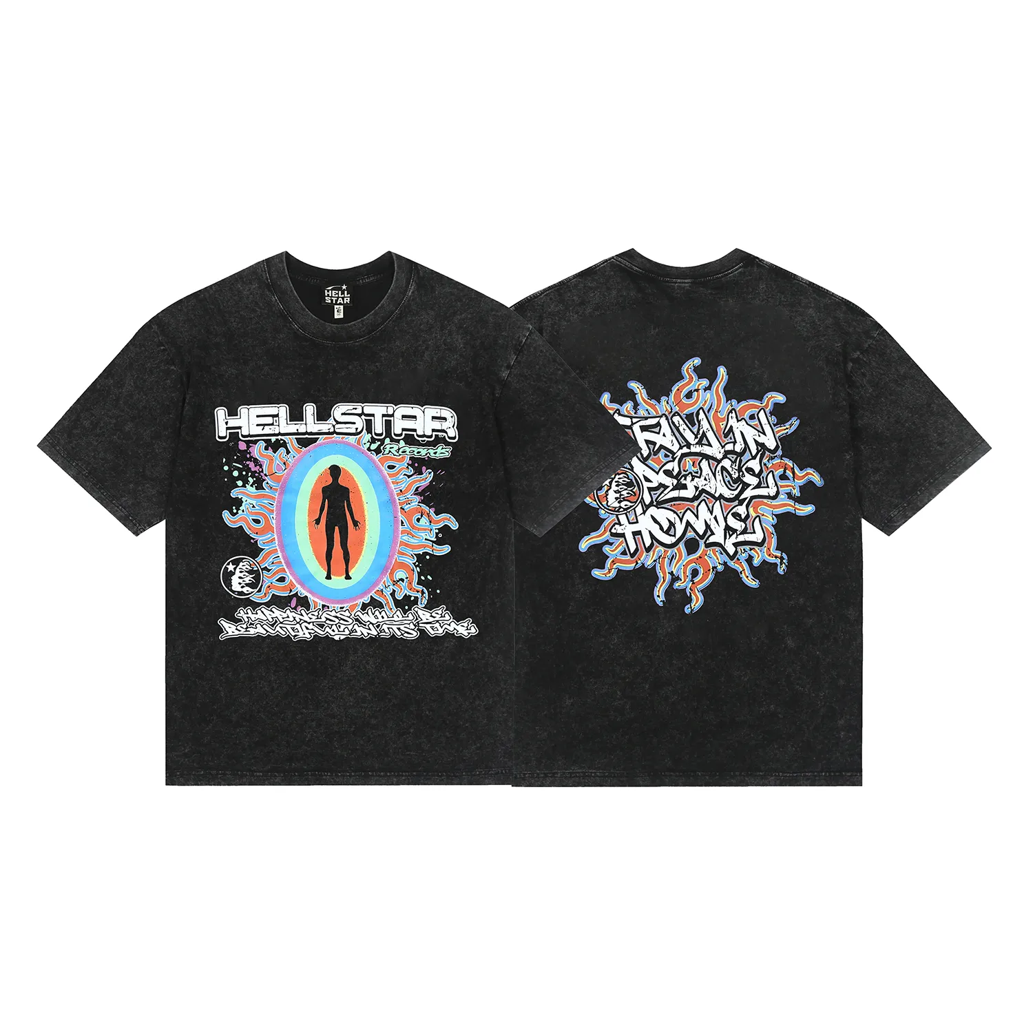 7724# P124 Washed Hellstar Hellstar ins same style retro printed tops for men and women, casual and trendy pure cotton washed short-sleeved T-shirt Color: Black Size: S M L XL