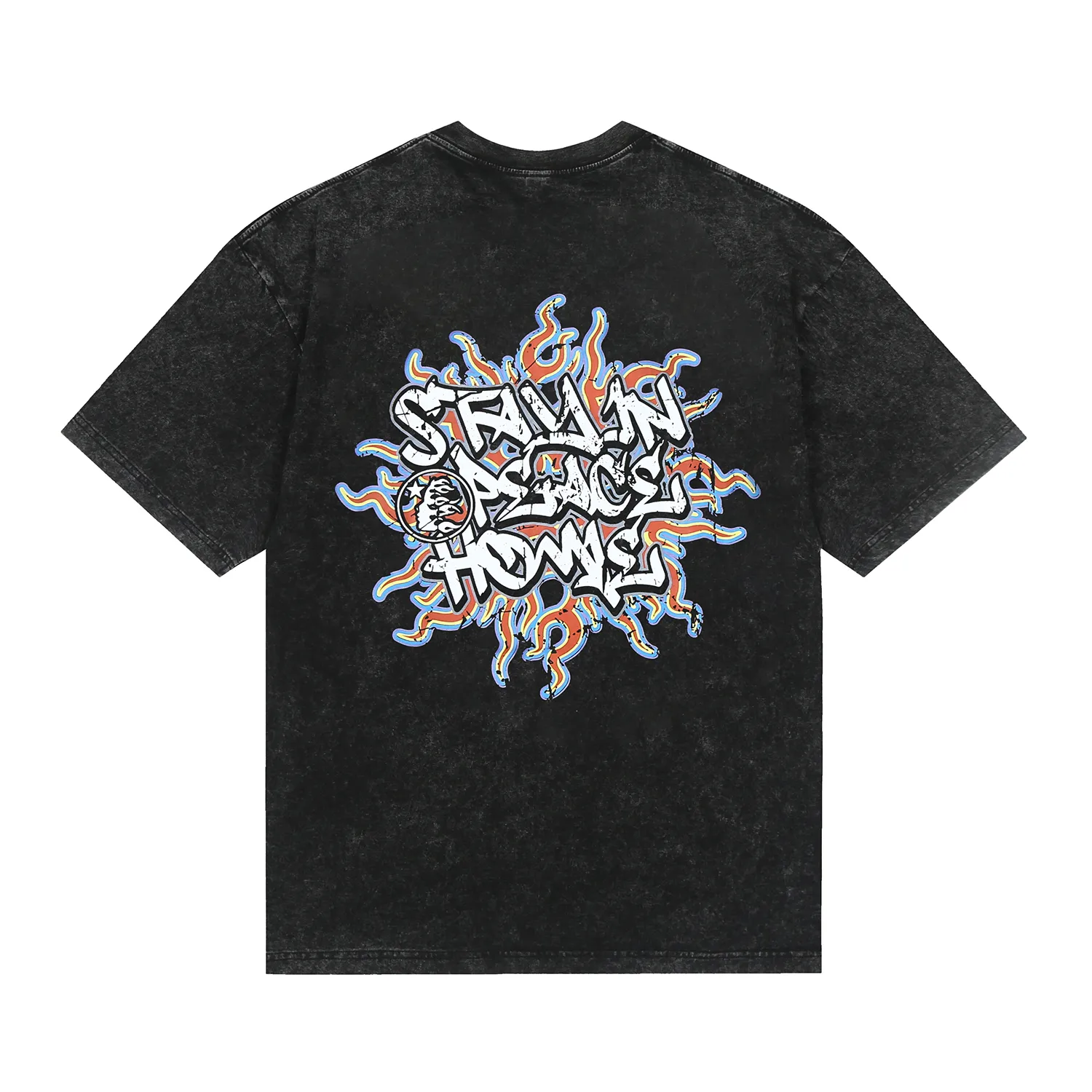 7724# P124 Washed Hellstar Hellstar ins same style retro printed tops for men and women, casual and trendy pure cotton washed short-sleeved T-shirt Color: Black Size: S M L XL