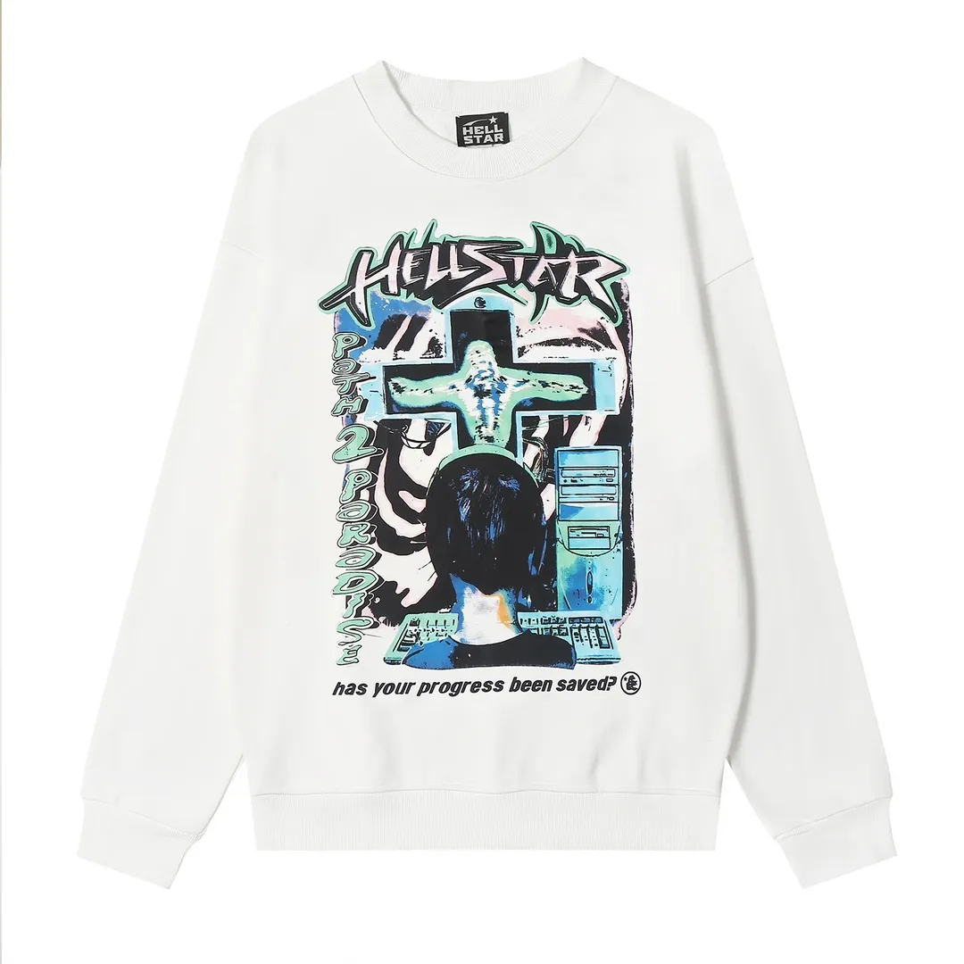 8817# P160 Hellstar high-quality Hellstar American trendy printed cotton terry crew neck sweatshirt Color: White Black Size: S M L XL