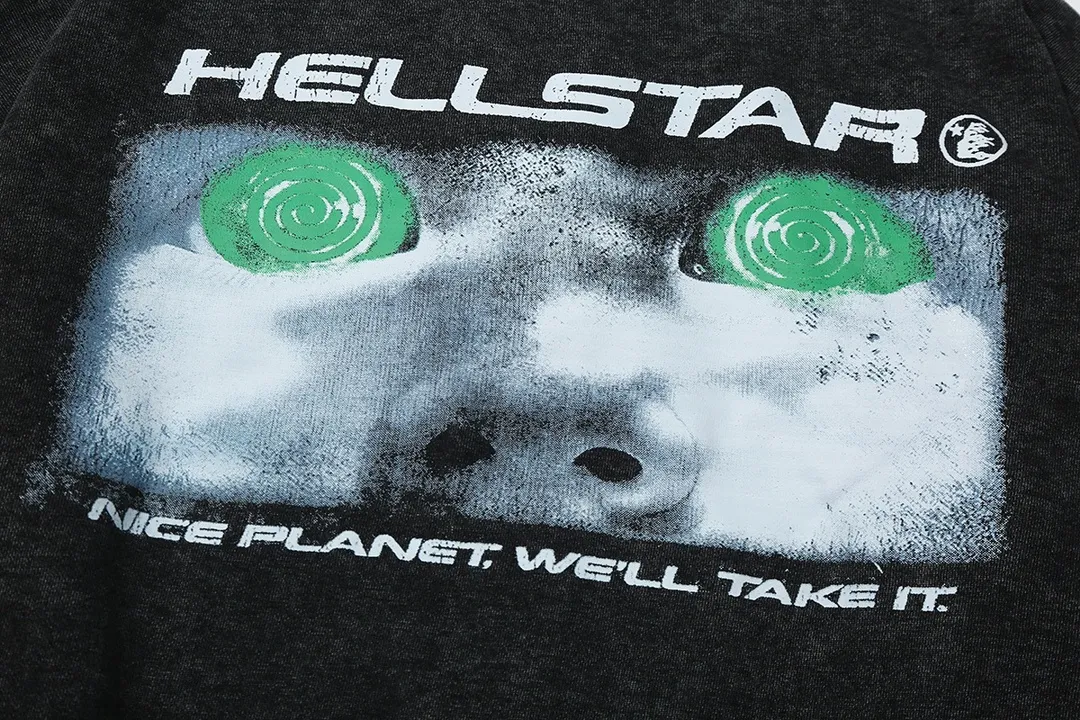 7709# P124 Washed Hellstar Hellstar ins same style retro printed tops for men and women, casual and trendy pure cotton washed short-sleeved T-shirt Color: Black Size: S M L XL