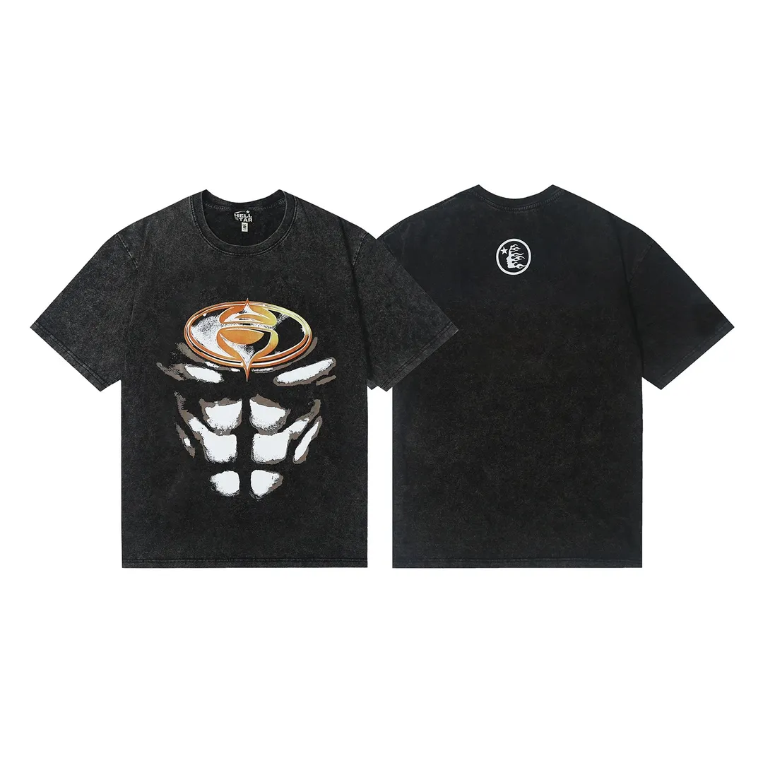 7718# P118 Washed Hellstar Hellstar ins same style retro printed tops for men and women, casual and trendy pure cotton washed short-sleeved T-shirt Color: Black Size: S M L XL