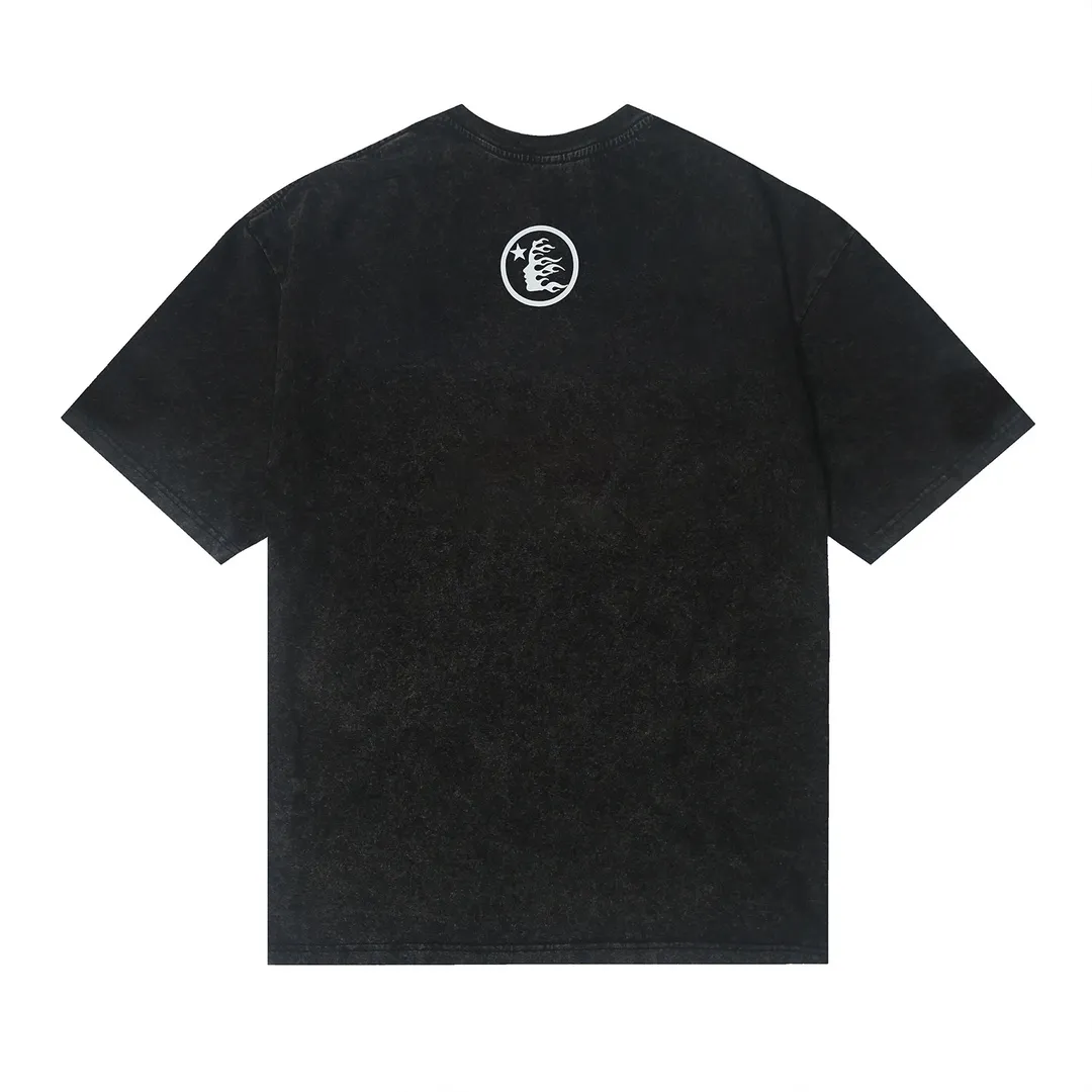 7718# P118 Washed Hellstar Hellstar ins same style retro printed tops for men and women, casual and trendy pure cotton washed short-sleeved T-shirt Color: Black Size: S M L XL
