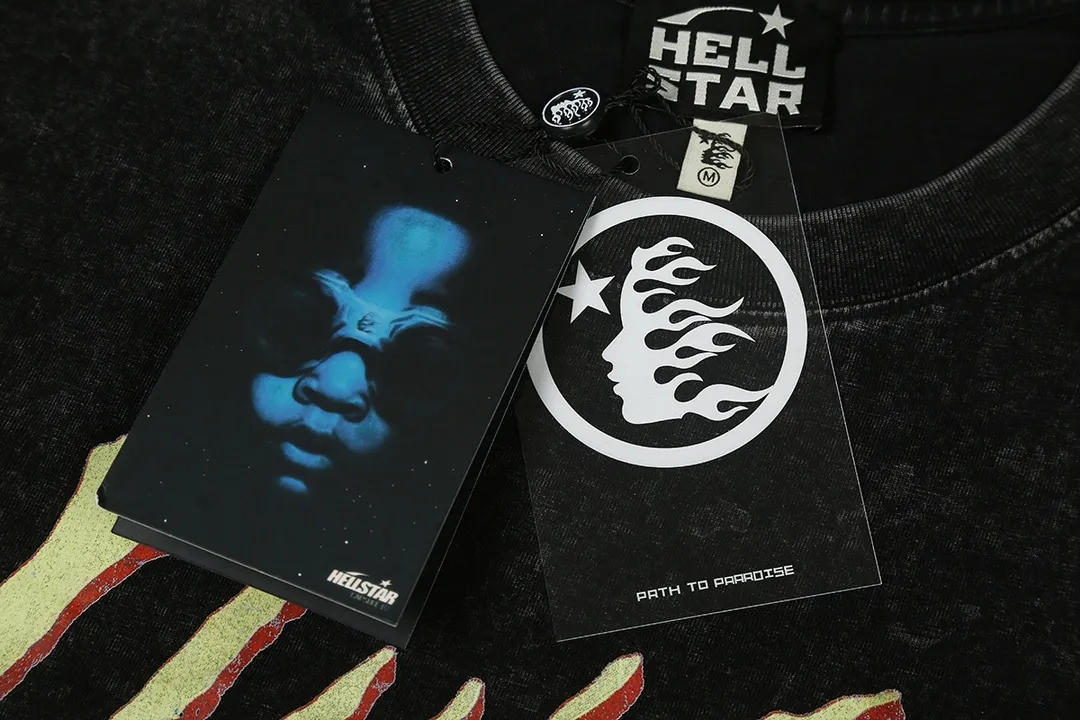 7713# P124 Washed Hellstar Hellstar ins same style retro printed tops for men and women, casual and trendy pure cotton washed short-sleeved T-shirt Color: Black Size: S M L XL