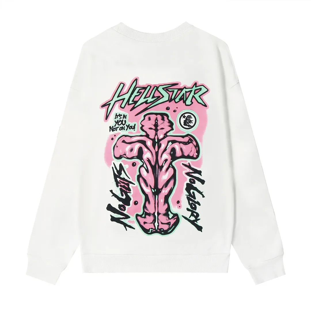 8825# P160 Hellstar high-quality Hellstar American trendy printed cotton terry crew neck sweatshirt Color: White Black Size: S M L XL