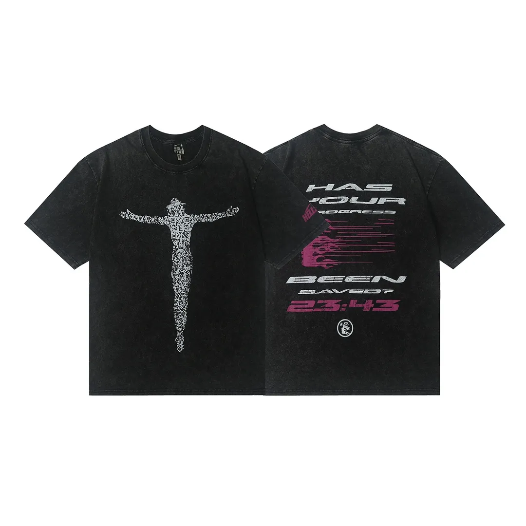 7703# P124 Washed Hellstar Hellstar ins same style retro printed tops for men and women, casual and trendy pure cotton washed short-sleeved T-shirt Color: Black Size: S M L XL