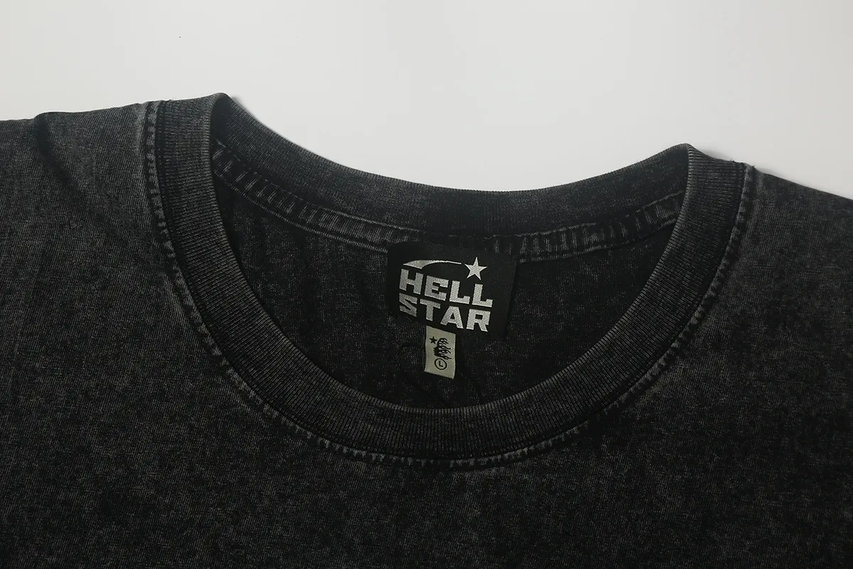 7703# P124 Washed Hellstar Hellstar ins same style retro printed tops for men and women, casual and trendy pure cotton washed short-sleeved T-shirt Color: Black Size: S M L XL