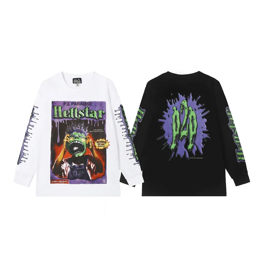 5517# P136 Hellstar Hellstar letter print lightning high street men and women hip-hop loose long-sleeved T-shirt Color: Black White Size: S M L XL