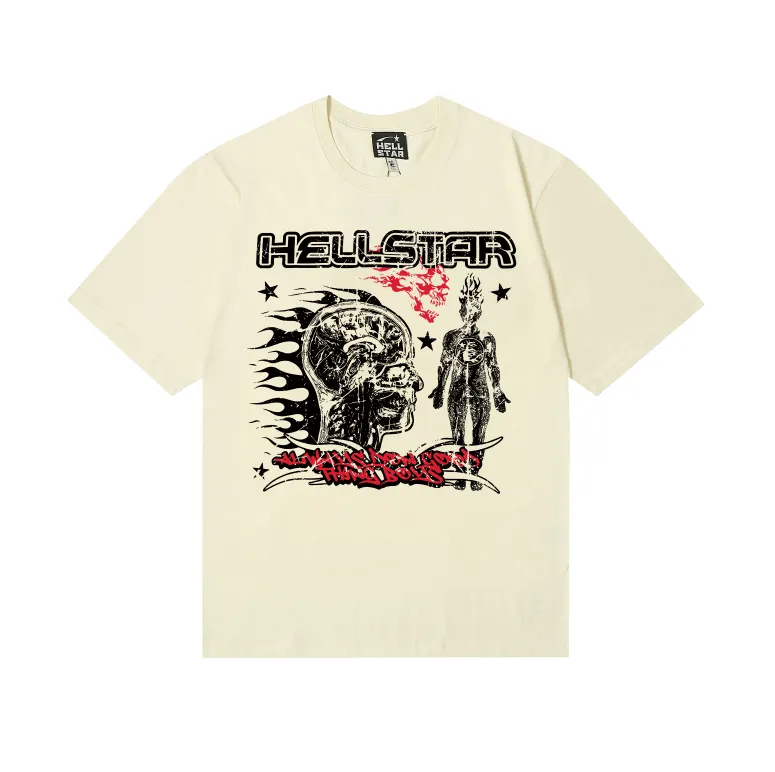 6753# P116 Hellstar American fashion high street pure cotton loose short-sleeved T-shirt Color: White Apricot Code number: S M L XL