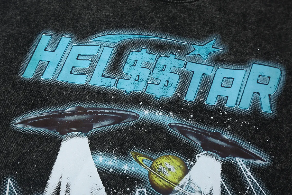 7705# P124 Washed Hellstar Hellstar ins same style retro printed tops for men and women, casual and trendy pure cotton washed short-sleeved T-shirt Color: Black Size: S M L XL